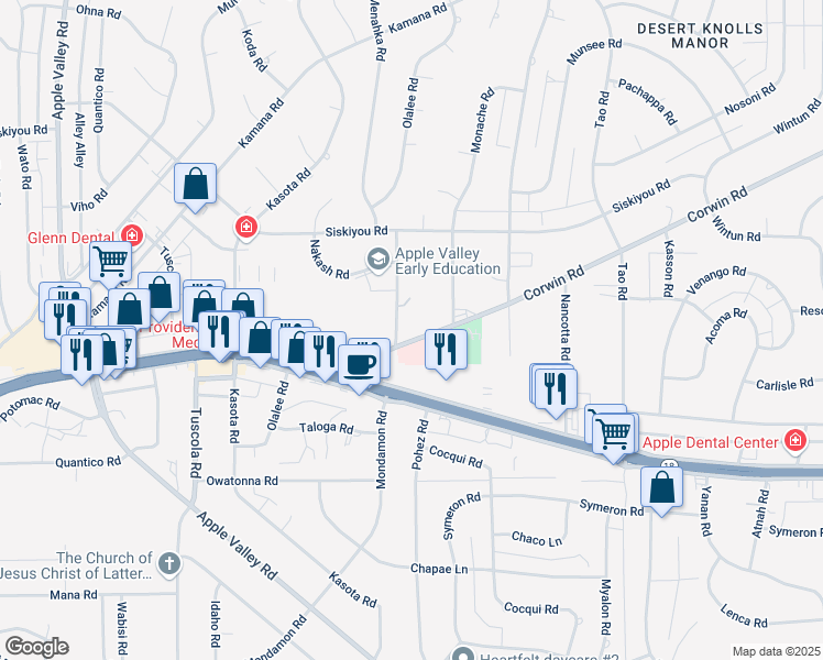 map of restaurants, bars, coffee shops, grocery stores, and more near 16011 Palmero Road in Apple Valley