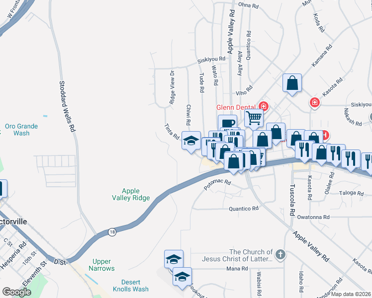 map of restaurants, bars, coffee shops, grocery stores, and more near 15990 Tinta Road in Apple Valley