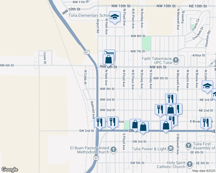map of restaurants, bars, coffee shops, grocery stores, and more near 408 North Hale Avenue in Tulia