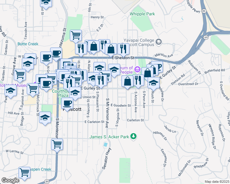 map of restaurants, bars, coffee shops, grocery stores, and more near 518 East Gurley Street in Prescott