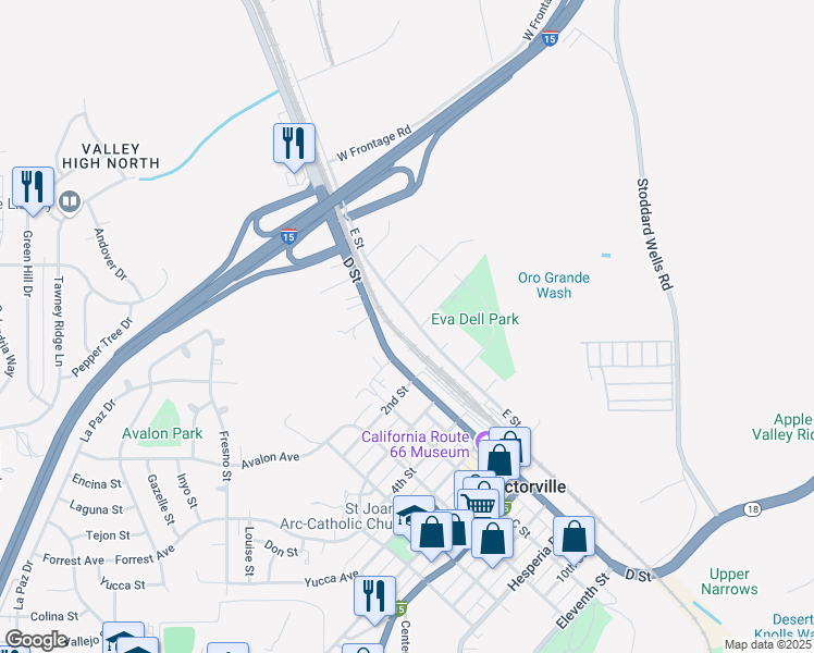 map of restaurants, bars, coffee shops, grocery stores, and more near 16583 E Street in Victorville