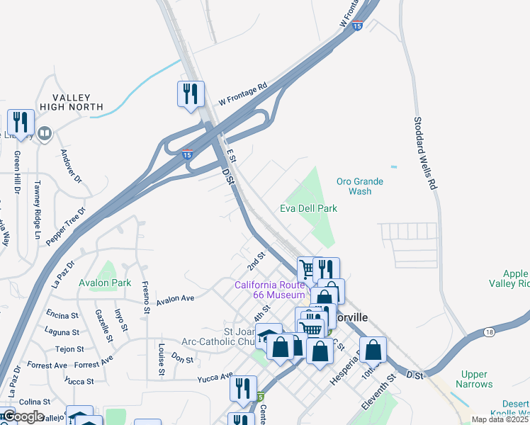 map of restaurants, bars, coffee shops, grocery stores, and more near 16583 E Street in Victorville