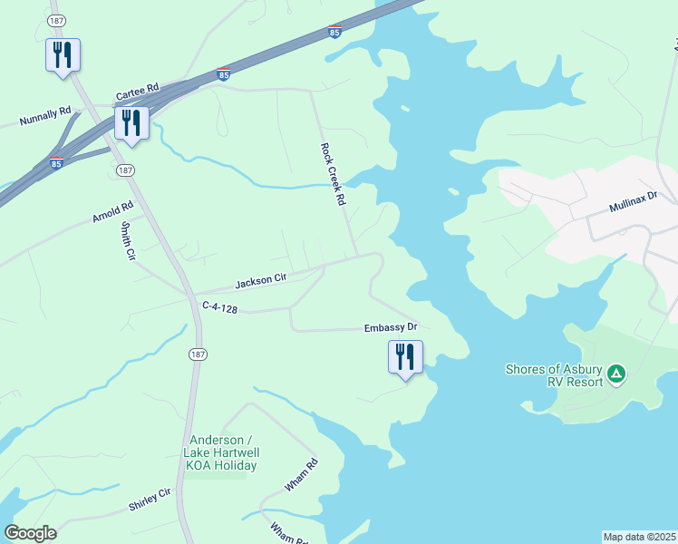 map of restaurants, bars, coffee shops, grocery stores, and more near 228 Rock Creek Road in Anderson