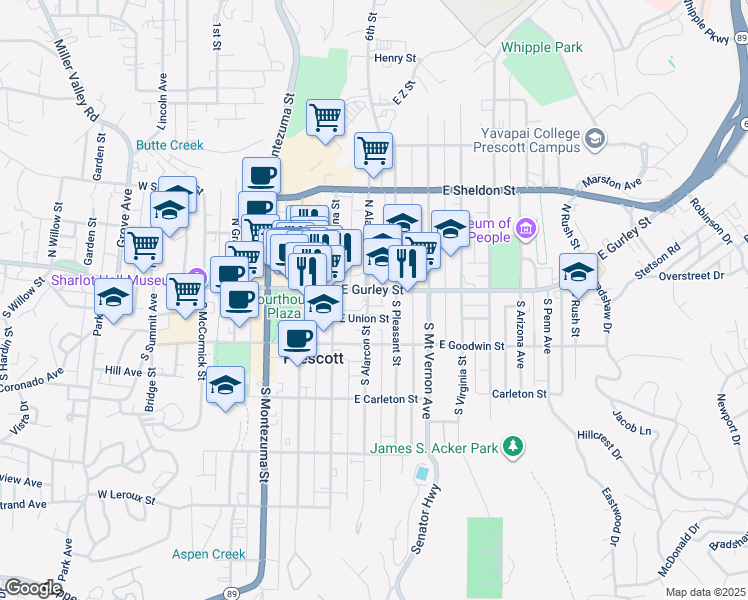 map of restaurants, bars, coffee shops, grocery stores, and more near 309 East Gurley Street in Prescott