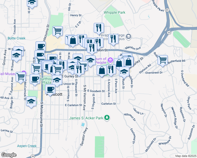 map of restaurants, bars, coffee shops, grocery stores, and more near 620 East Gurley Street in Prescott