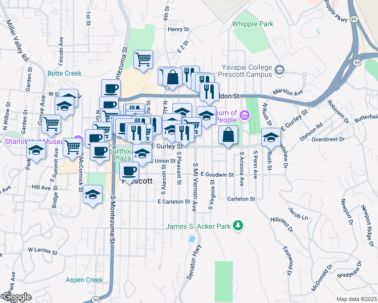 map of restaurants, bars, coffee shops, grocery stores, and more near 410 East Gurley Street in Prescott