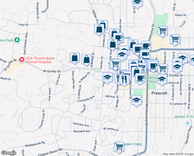 map of restaurants, bars, coffee shops, grocery stores, and more near 646 Beach Avenue in Prescott