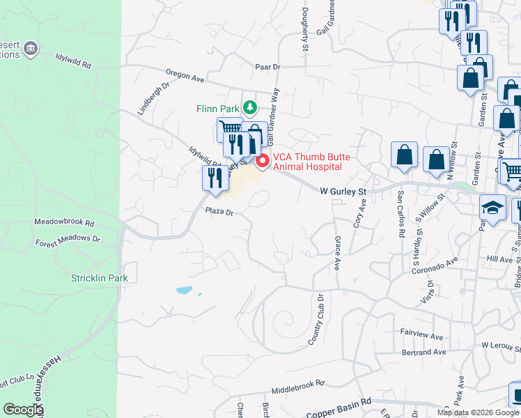 map of restaurants, bars, coffee shops, grocery stores, and more near 217 Creekside Circle in Prescott