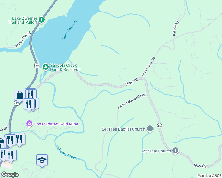 map of restaurants, bars, coffee shops, grocery stores, and more near 868 Georgia 52 in Dahlonega