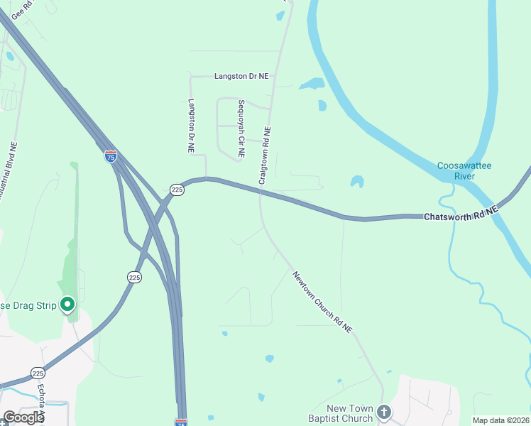 map of restaurants, bars, coffee shops, grocery stores, and more near 1367 Newtown Church Road Northeast in Calhoun