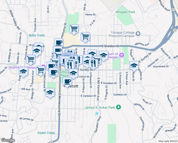 map of restaurants, bars, coffee shops, grocery stores, and more near 309 East Gurley Street in Prescott