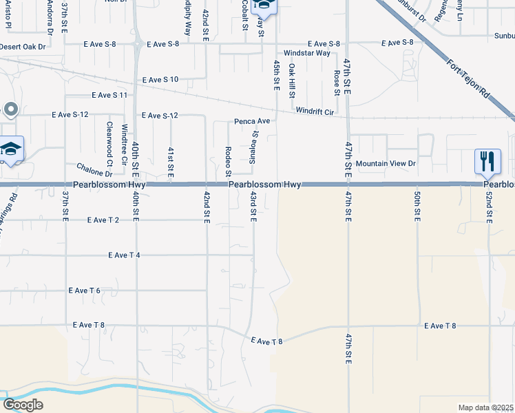 map of restaurants, bars, coffee shops, grocery stores, and more near 36324 43rd Street East in Palmdale