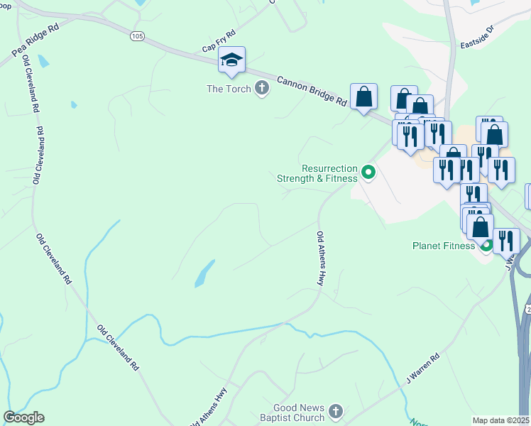 map of restaurants, bars, coffee shops, grocery stores, and more near 195 Featherwood Drive in Cornelia