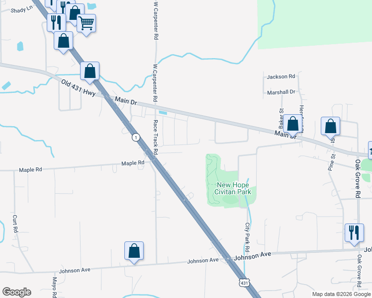 map of restaurants, bars, coffee shops, grocery stores, and more near 4770 Main Drive in New Hope