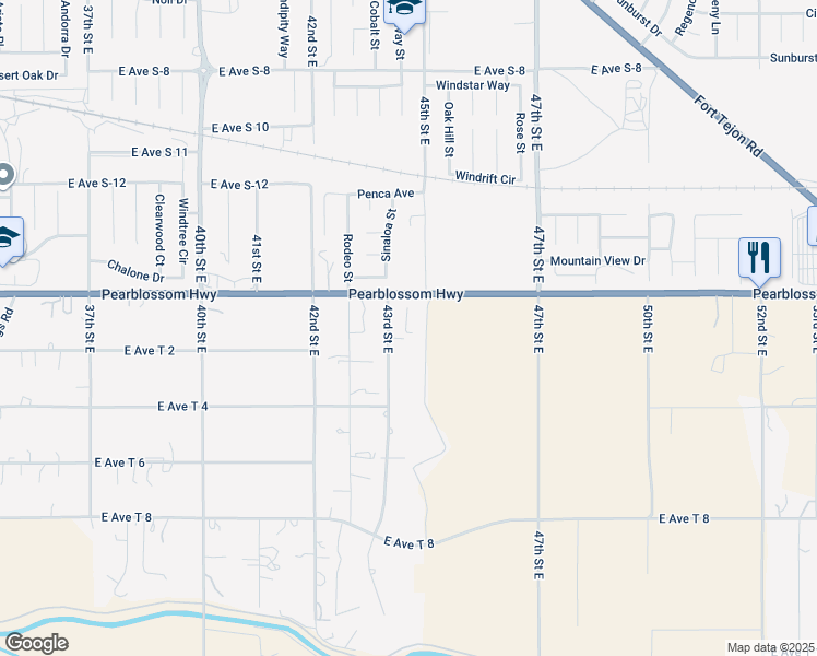 map of restaurants, bars, coffee shops, grocery stores, and more near 36324 43rd Street East in Palmdale