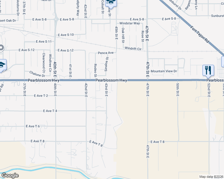 map of restaurants, bars, coffee shops, grocery stores, and more near 36350 43rd Street East in Palmdale