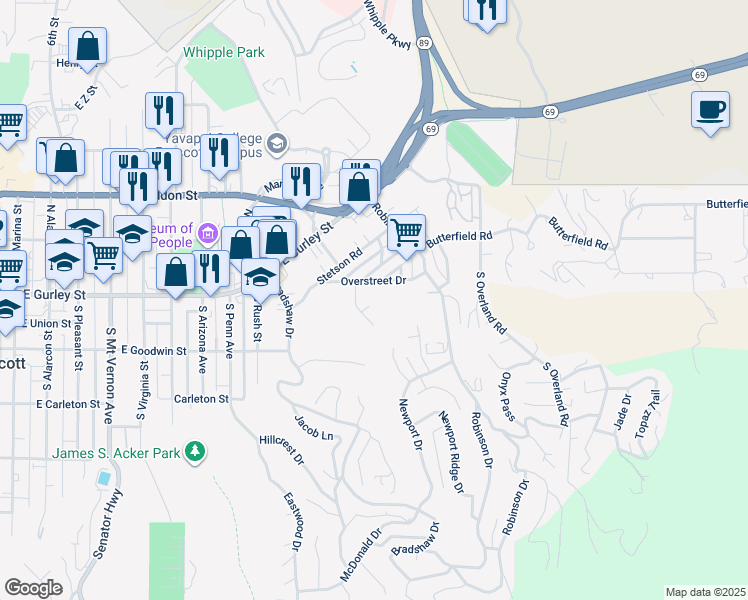 map of restaurants, bars, coffee shops, grocery stores, and more near 1209 Overstreet Drive in Prescott