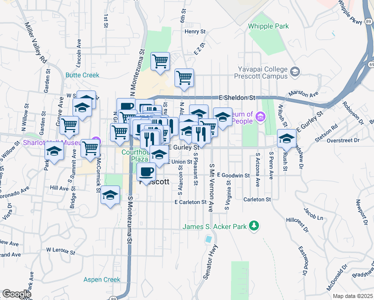 map of restaurants, bars, coffee shops, grocery stores, and more near 309 East Gurley Street in Prescott