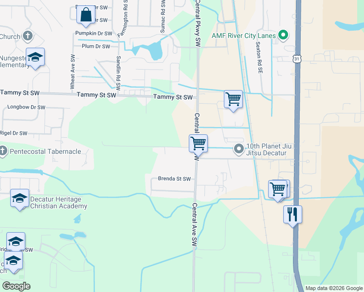 map of restaurants, bars, coffee shops, grocery stores, and more near 3505 Central Parkway Southwest in Decatur