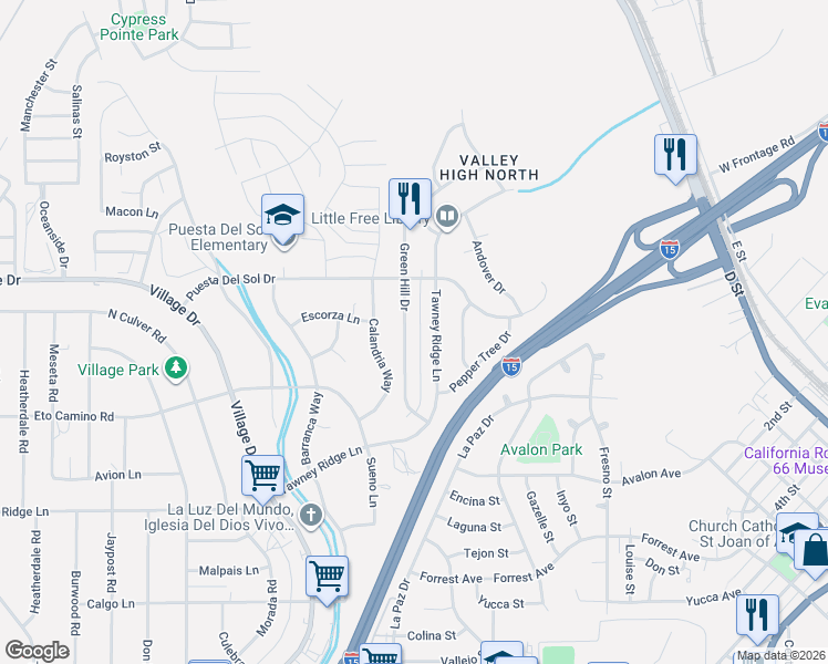 map of restaurants, bars, coffee shops, grocery stores, and more near 16001 Green Hill Drive in Victorville