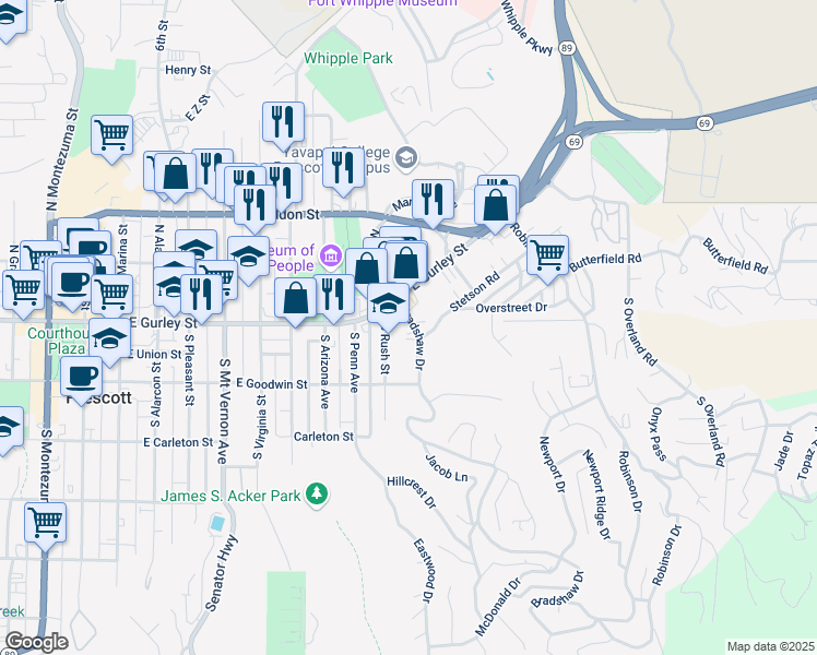 map of restaurants, bars, coffee shops, grocery stores, and more near 125 South Rush Street in Prescott