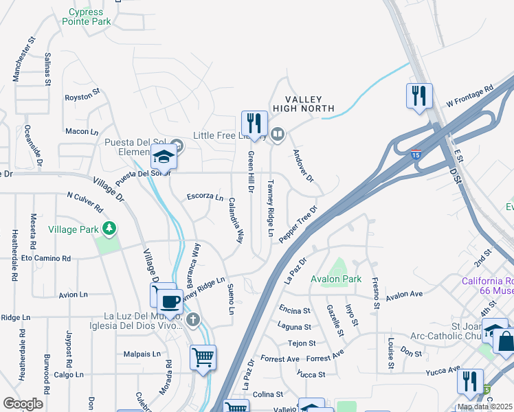 map of restaurants, bars, coffee shops, grocery stores, and more near 16029 Alley Alley in Victorville