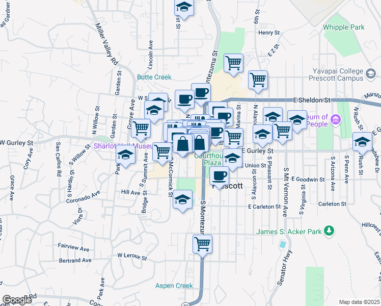 map of restaurants, bars, coffee shops, grocery stores, and more near 300 West Gurley Street in Prescott