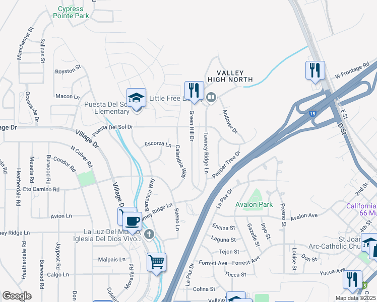 map of restaurants, bars, coffee shops, grocery stores, and more near Green Hill Drive in Victorville