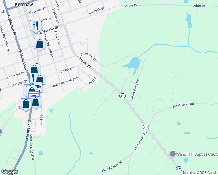 map of restaurants, bars, coffee shops, grocery stores, and more near 6550 South Carolina 341 in Kershaw