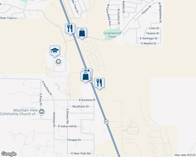 map of restaurants, bars, coffee shops, grocery stores, and more near 45 Highway 69 in Prescott Valley