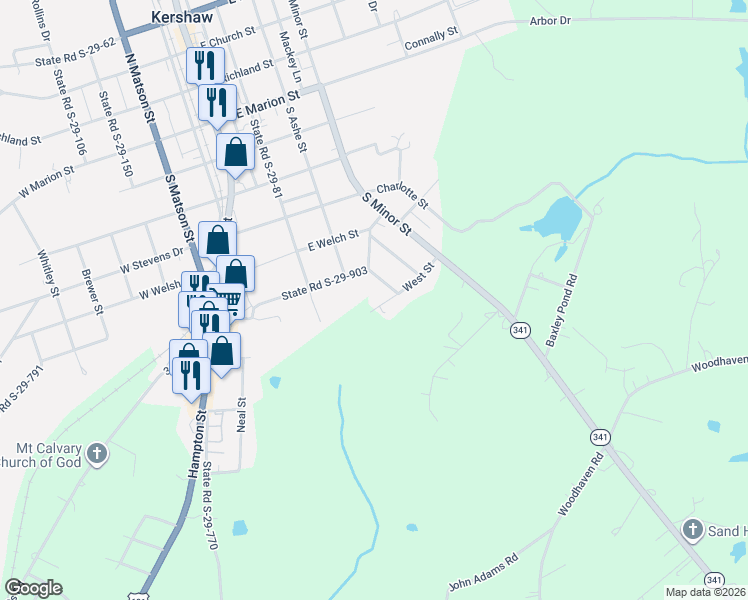map of restaurants, bars, coffee shops, grocery stores, and more near 304 West Street in Kershaw