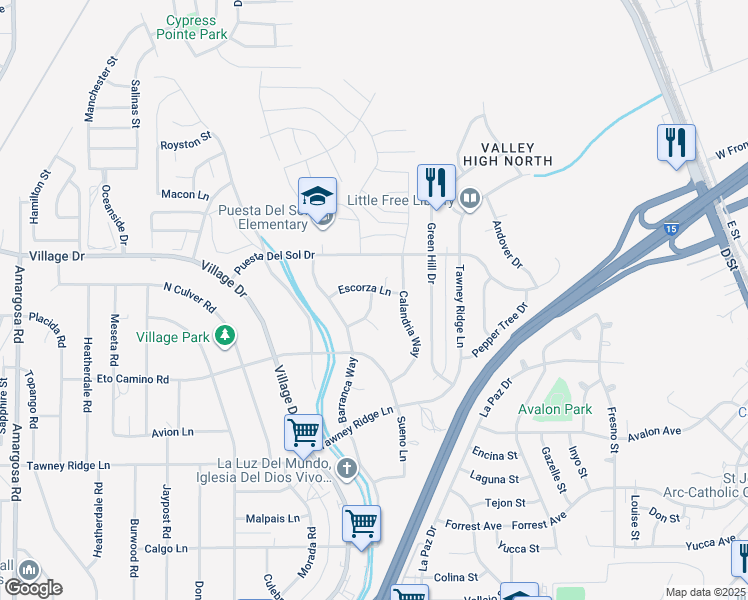 map of restaurants, bars, coffee shops, grocery stores, and more near 16019 Llano Ln in Victorville