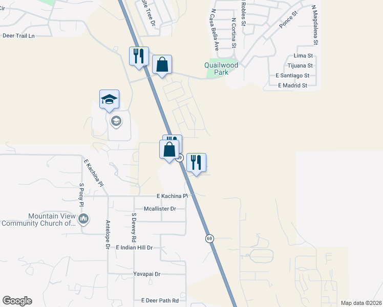 map of restaurants, bars, coffee shops, grocery stores, and more near 45 South Highway 69 in Prescott Valley