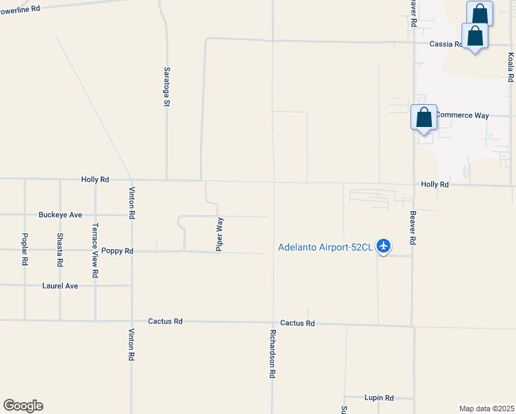 map of restaurants, bars, coffee shops, grocery stores, and more near 8860 Buckeye Avenue in Adelanto