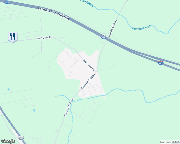 map of restaurants, bars, coffee shops, grocery stores, and more near 45 Vern Cora Road in Laurens