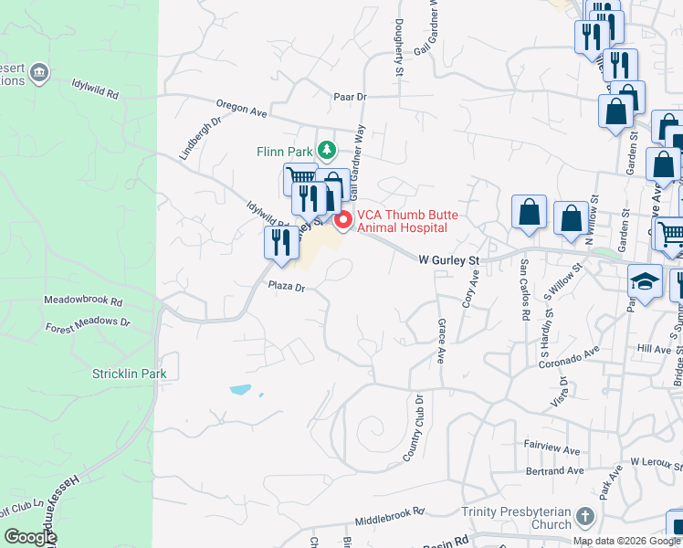 map of restaurants, bars, coffee shops, grocery stores, and more near 217 Creekside Circle in Prescott