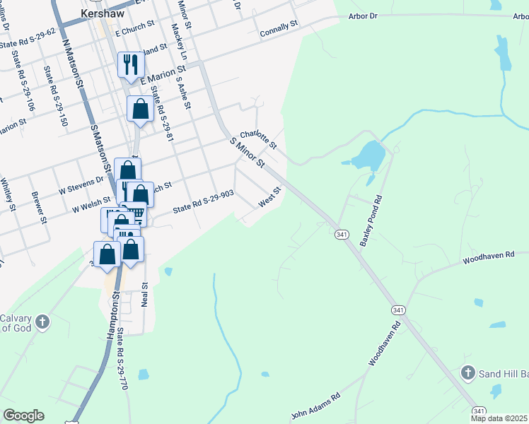 map of restaurants, bars, coffee shops, grocery stores, and more near 209 West Street in Kershaw