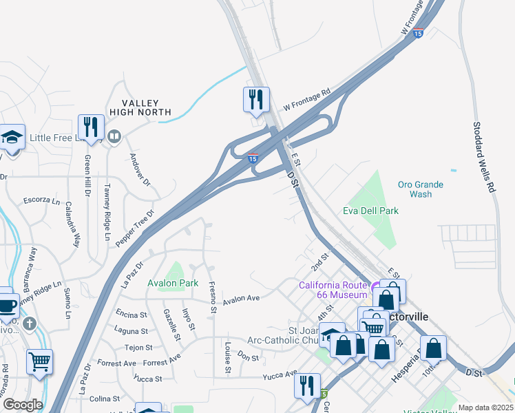 map of restaurants, bars, coffee shops, grocery stores, and more near D Street in Victorville