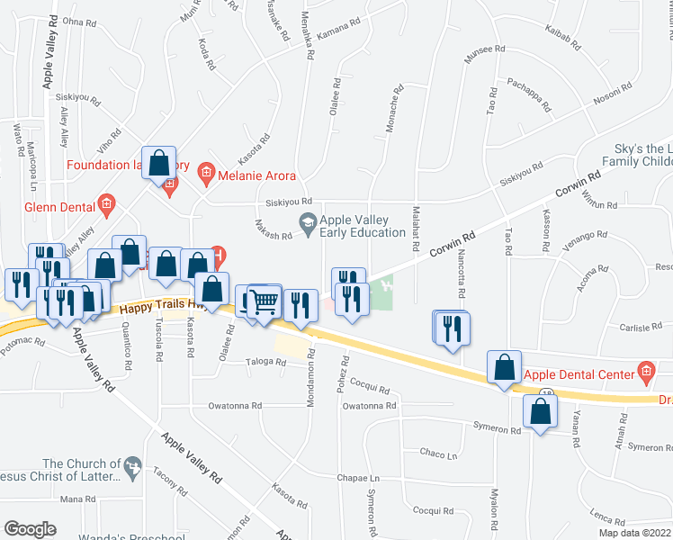 map of restaurants, bars, coffee shops, grocery stores, and more near 16011 Palmero Road in Apple Valley