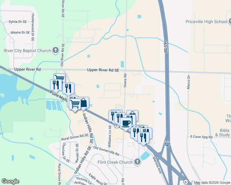 map of restaurants, bars, coffee shops, grocery stores, and more near 3411 Deere Road in Decatur