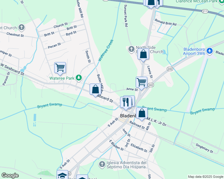 map of restaurants, bars, coffee shops, grocery stores, and more near 401 Anne Street in Bladenboro