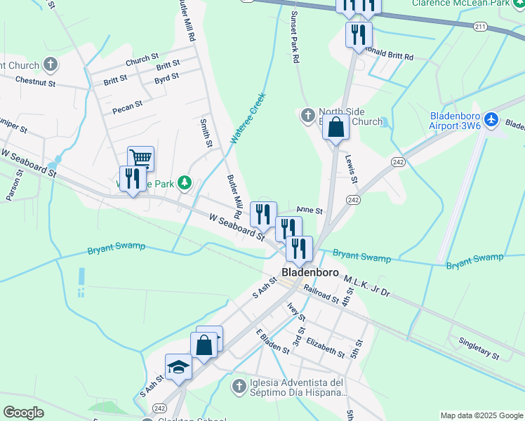 map of restaurants, bars, coffee shops, grocery stores, and more near 401 Anne Street in Bladenboro