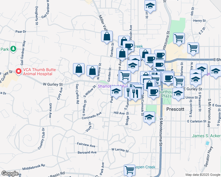 map of restaurants, bars, coffee shops, grocery stores, and more near 605 West Gurley Street in Prescott