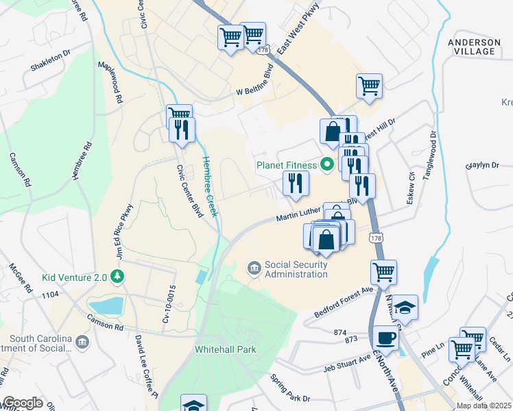 map of restaurants, bars, coffee shops, grocery stores, and more near 3111 Martin Luther King Junior Boulevard in Anderson