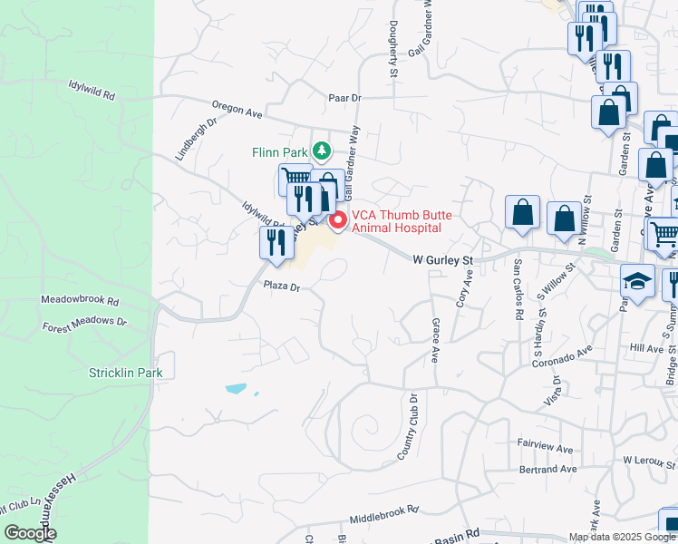 map of restaurants, bars, coffee shops, grocery stores, and more near 217 Creekside Circle in Prescott
