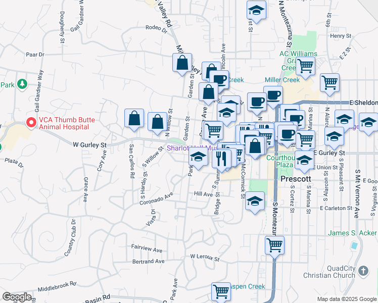 map of restaurants, bars, coffee shops, grocery stores, and more near 605 West Gurley Street in Prescott