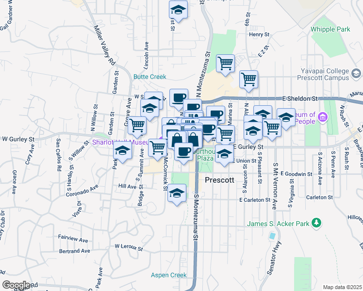 map of restaurants, bars, coffee shops, grocery stores, and more near 300 W Gurley St in Prescott