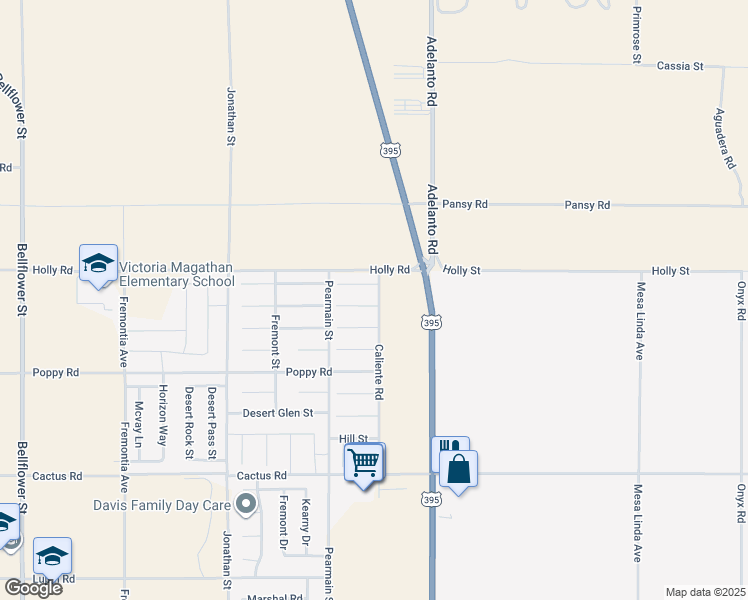 map of restaurants, bars, coffee shops, grocery stores, and more near 11980 Moss Creek Court in Adelanto