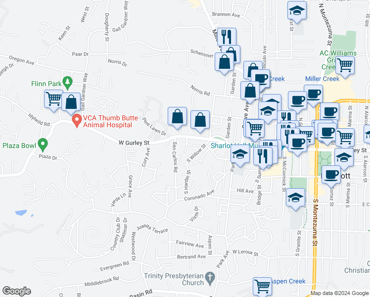 map of restaurants, bars, coffee shops, grocery stores, and more near 124 South Alto Street in Prescott