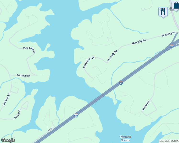 map of restaurants, bars, coffee shops, grocery stores, and more near 233 Royal Oaks Drive in Anderson